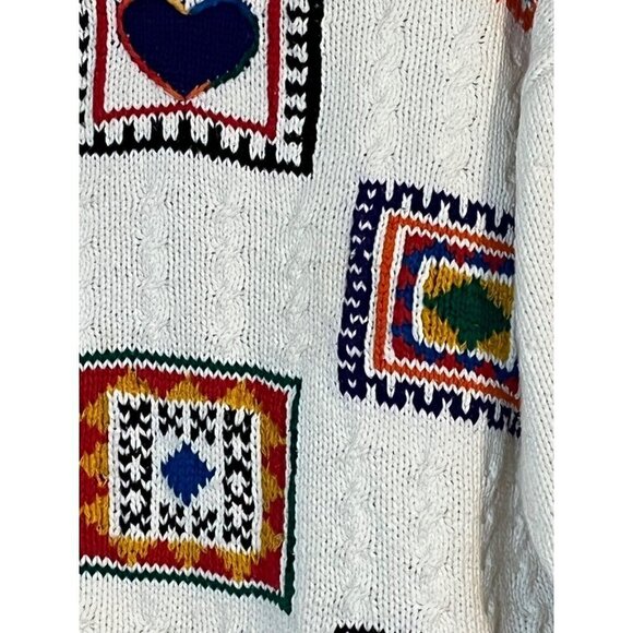 Liz Sport Sweater Women L Cream Patchwork Cable Knit Granny Festive Classic 80s - Picture 7 of 12